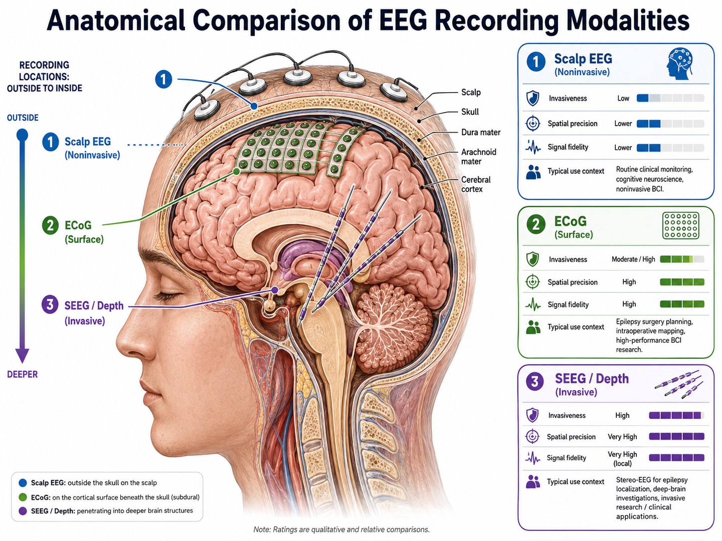 Anatomical comparison of recording methods. A shared brain cross-section shows scalp EEG electrodes on the surface, ECoG electrodes resting on the cortical surface, and depth electrodes reaching deeper structures. Callouts summarize invasiveness, spatial precision, signal fidelity, and typical clinical or research use for each method.