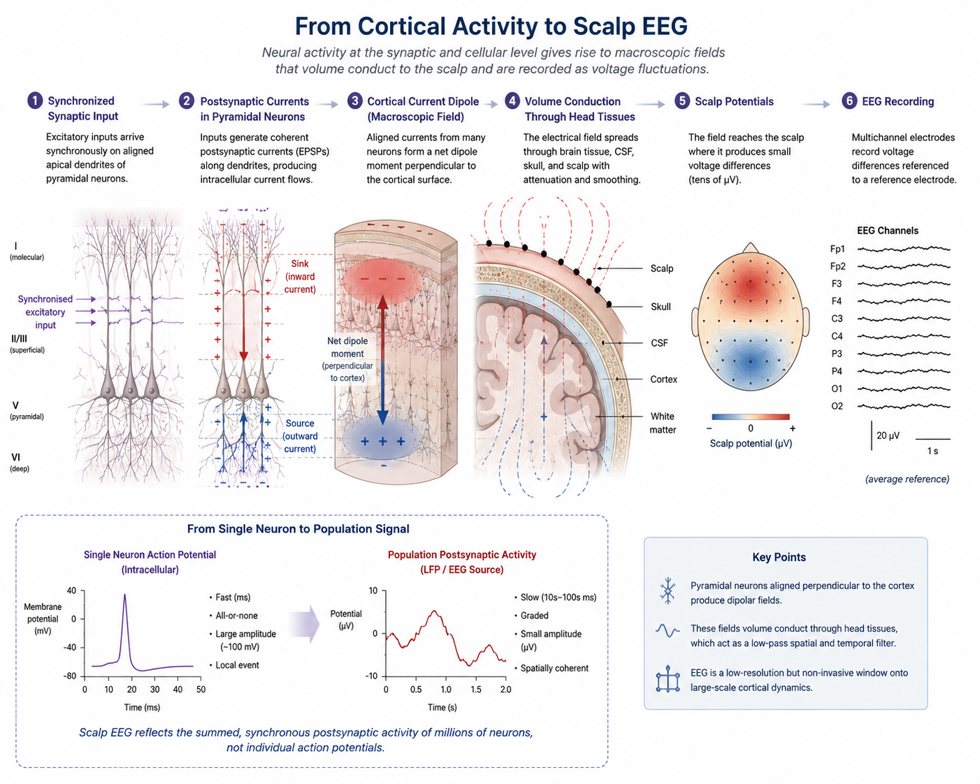 From cortical activity to scalp EEG. Synchronized synaptic input to aligned pyramidal neurons creates a macroscopic electrical field that propagates through brain tissue, cerebrospinal fluid, skull, and scalp before being recorded as a multichannel voltage trace. The inset contrasts a single-neuron action potential with the slower population-level postsynaptic activity that dominates scalp EEG.