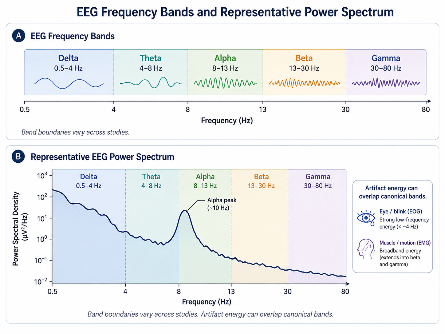 EEG frequency bands and power spectrum. The horizontal axis spans the typical EEG range from delta (about 0.5–4 Hz) through theta, alpha, beta, and gamma. Each band is marked along the axis and illustrated with a representative power spectrum. Exact boundaries vary across studies, and artifact energy can overlap the bands, so interpretation should be paired with careful preprocessing.