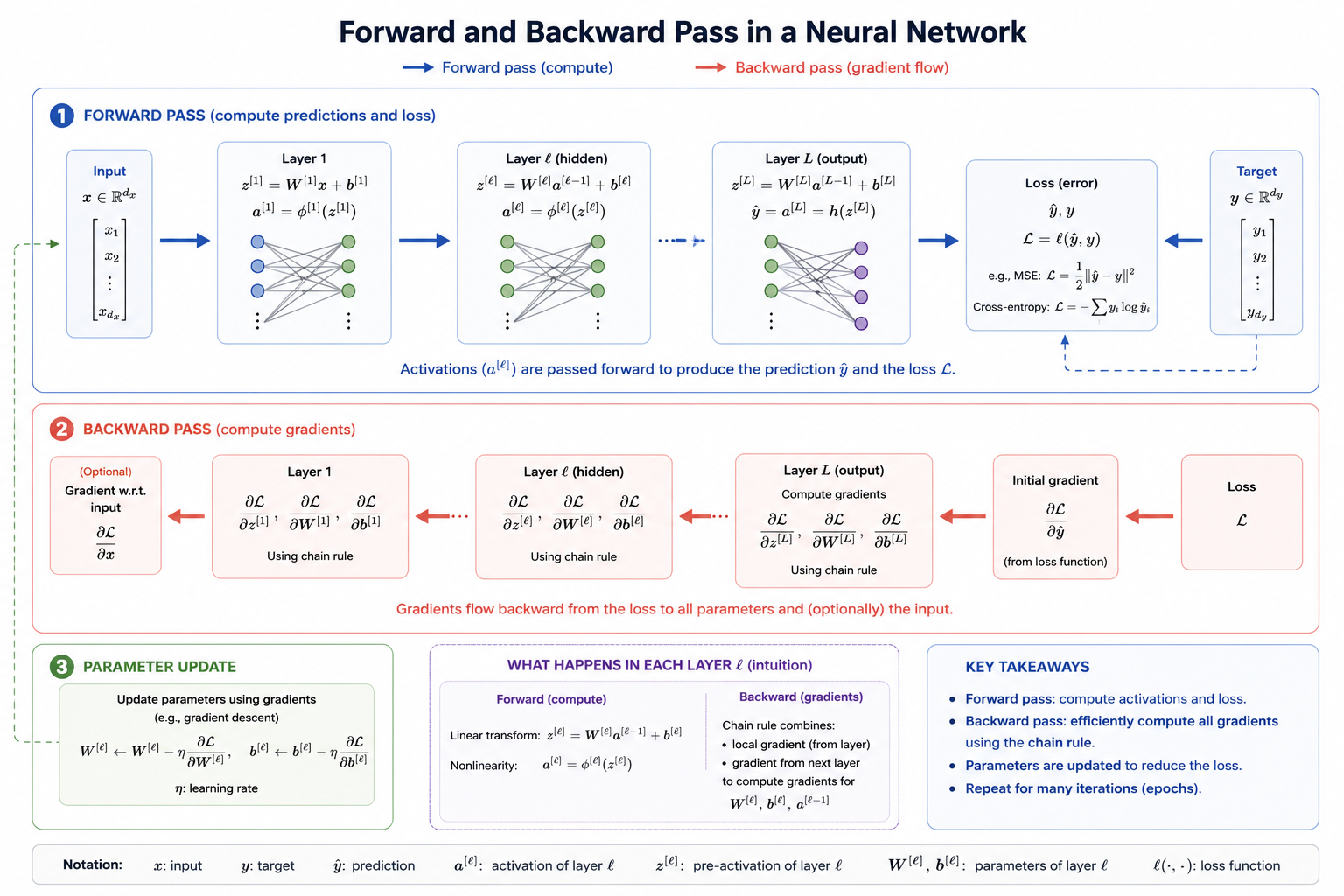 A neural network carries activations from EEG input to loss in the forward pass, then propagates gradient signals from loss to earlier layers in the backward pass.