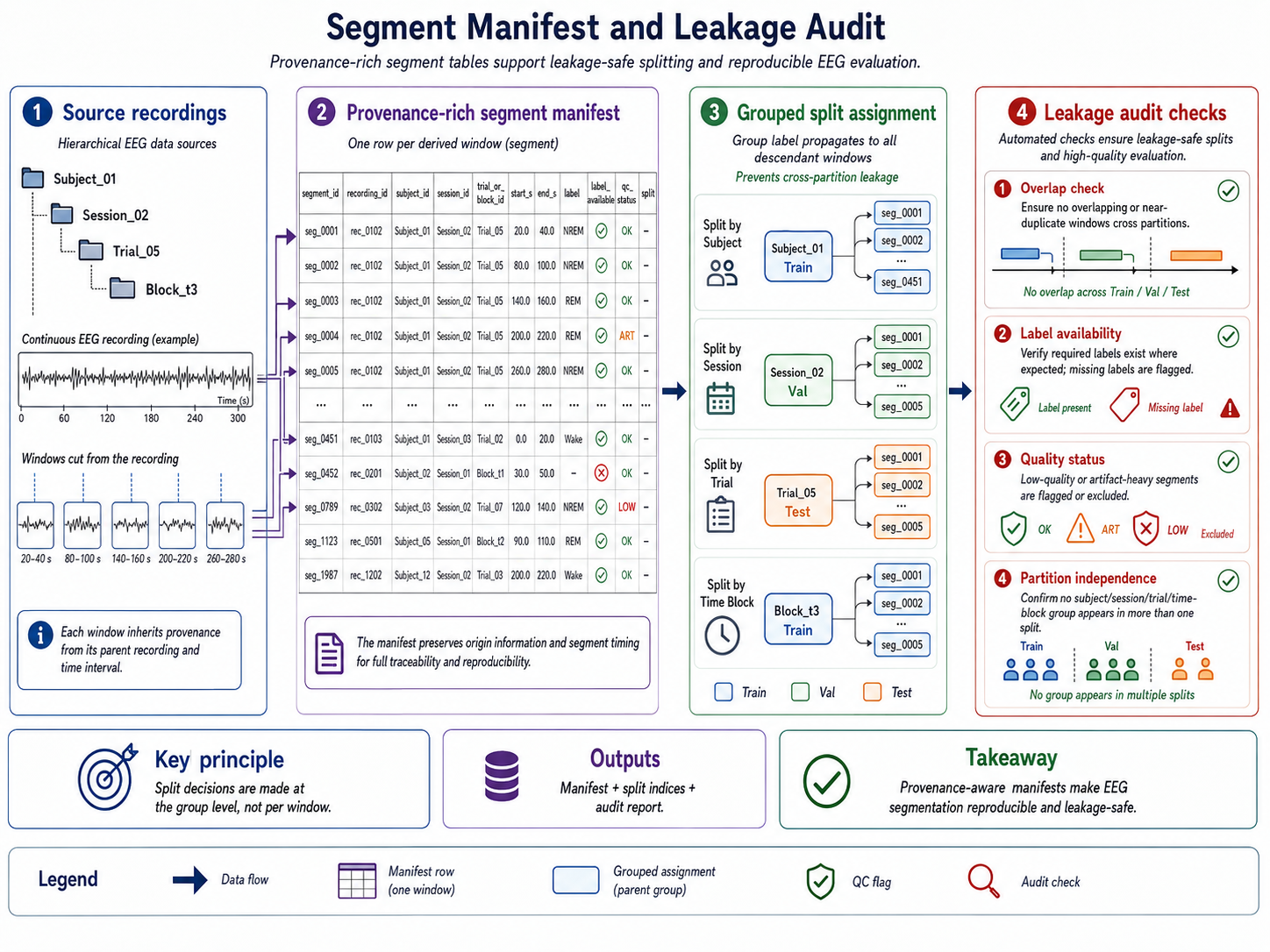 Segment manifest and leakage audit. The diagram should show source recordings producing provenance-rich segment rows, grouped split assignment propagating from subject, session, trial, or time block to windows, and audit checks for overlap, label availability, quality status, and partition independence.