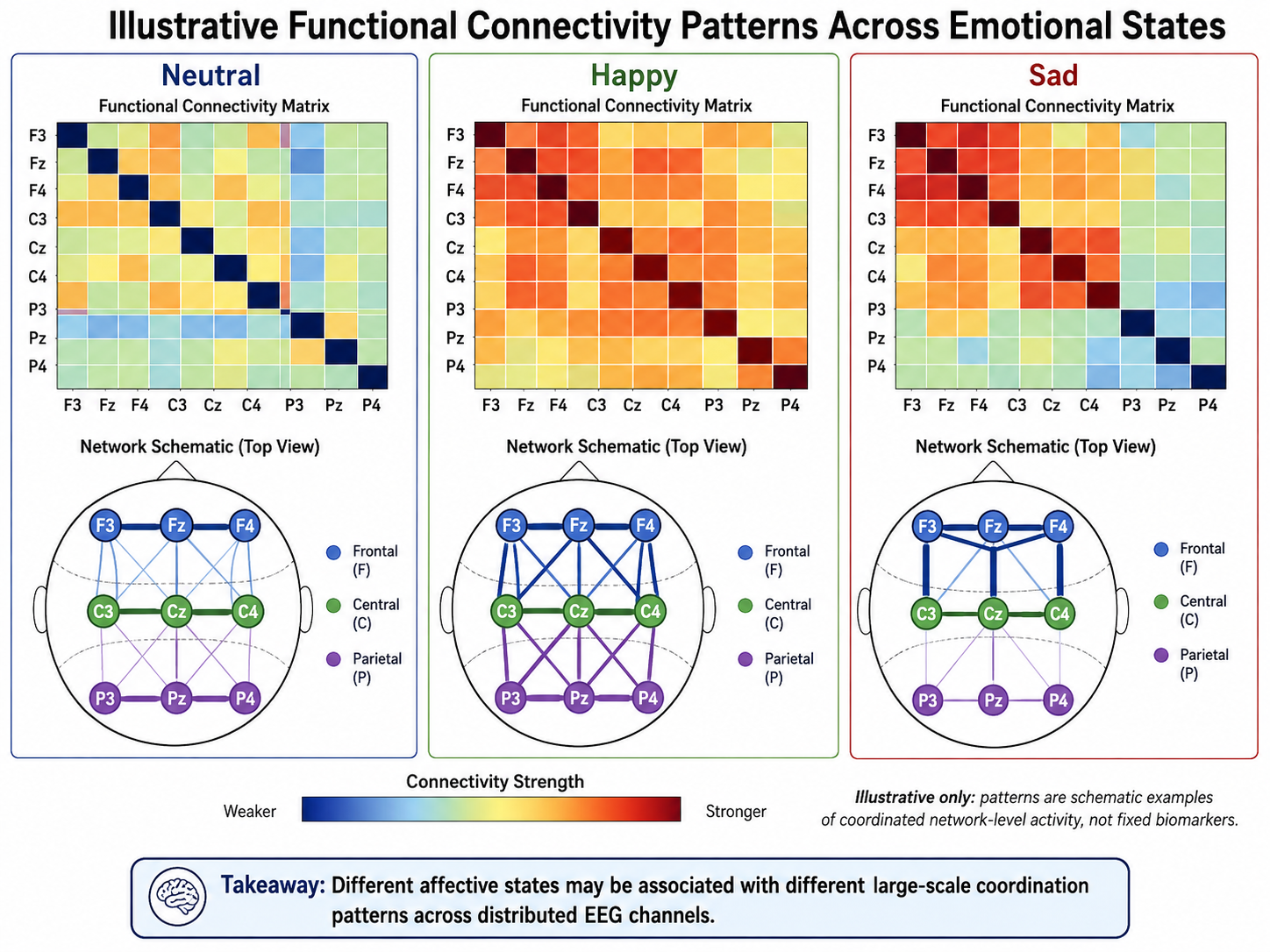Functional connectivity matrices for neutral, happy, and sad states across selected frontal, central, and parietal electrodes.