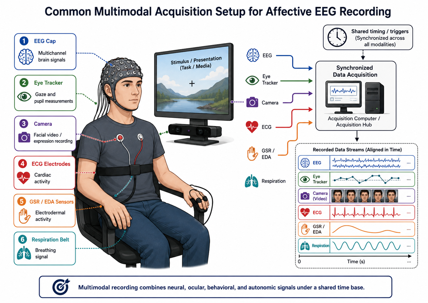 Multimodal recording setup with EEG cap, eye tracker, camera, ECG, GSR, respiration sensors, and synchronized data acquisition.