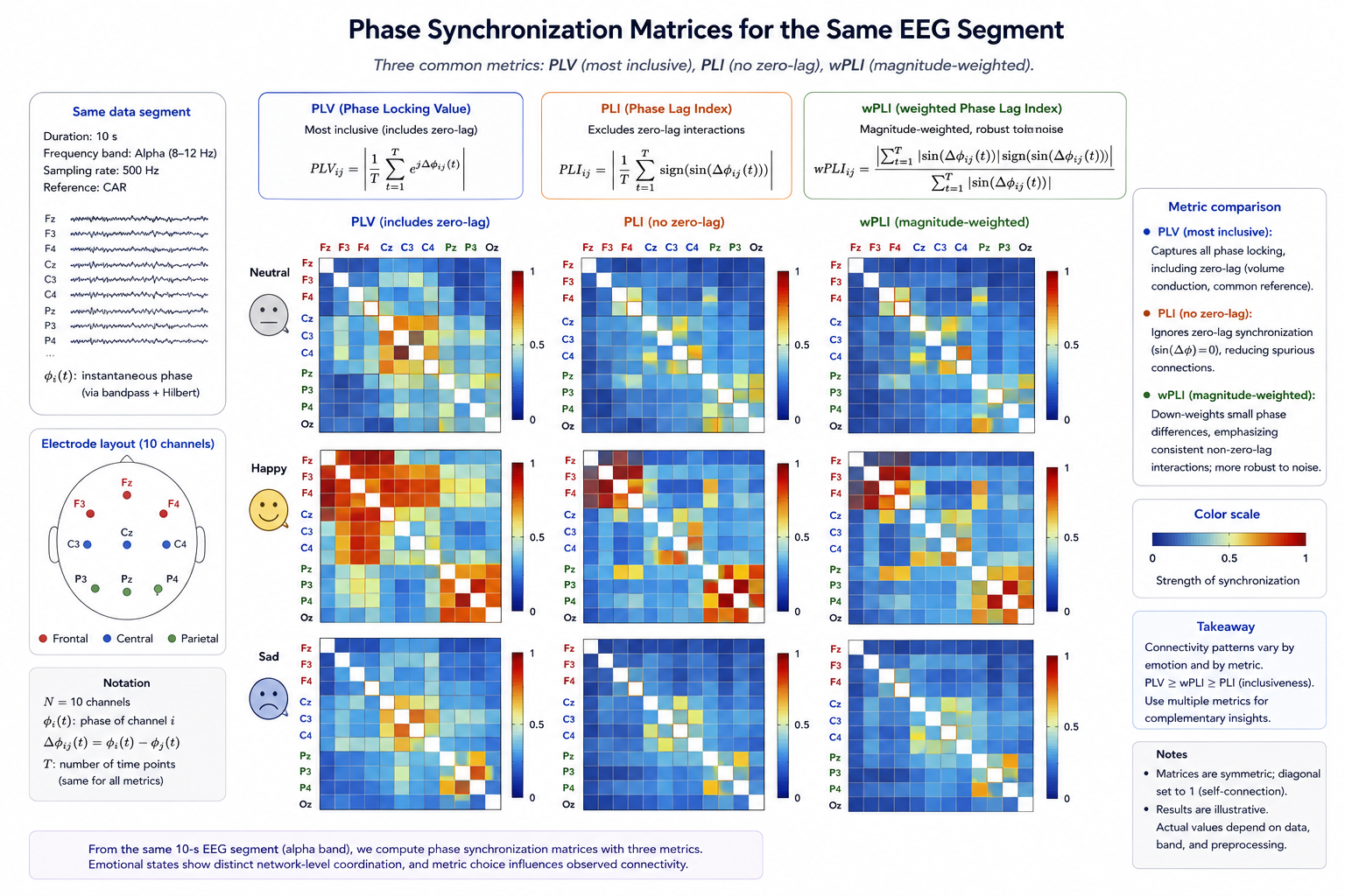 PLV, PLI, and wPLI connectivity matrices for the same EEG segment, illustrating how each measure highlights different synchronization patterns.