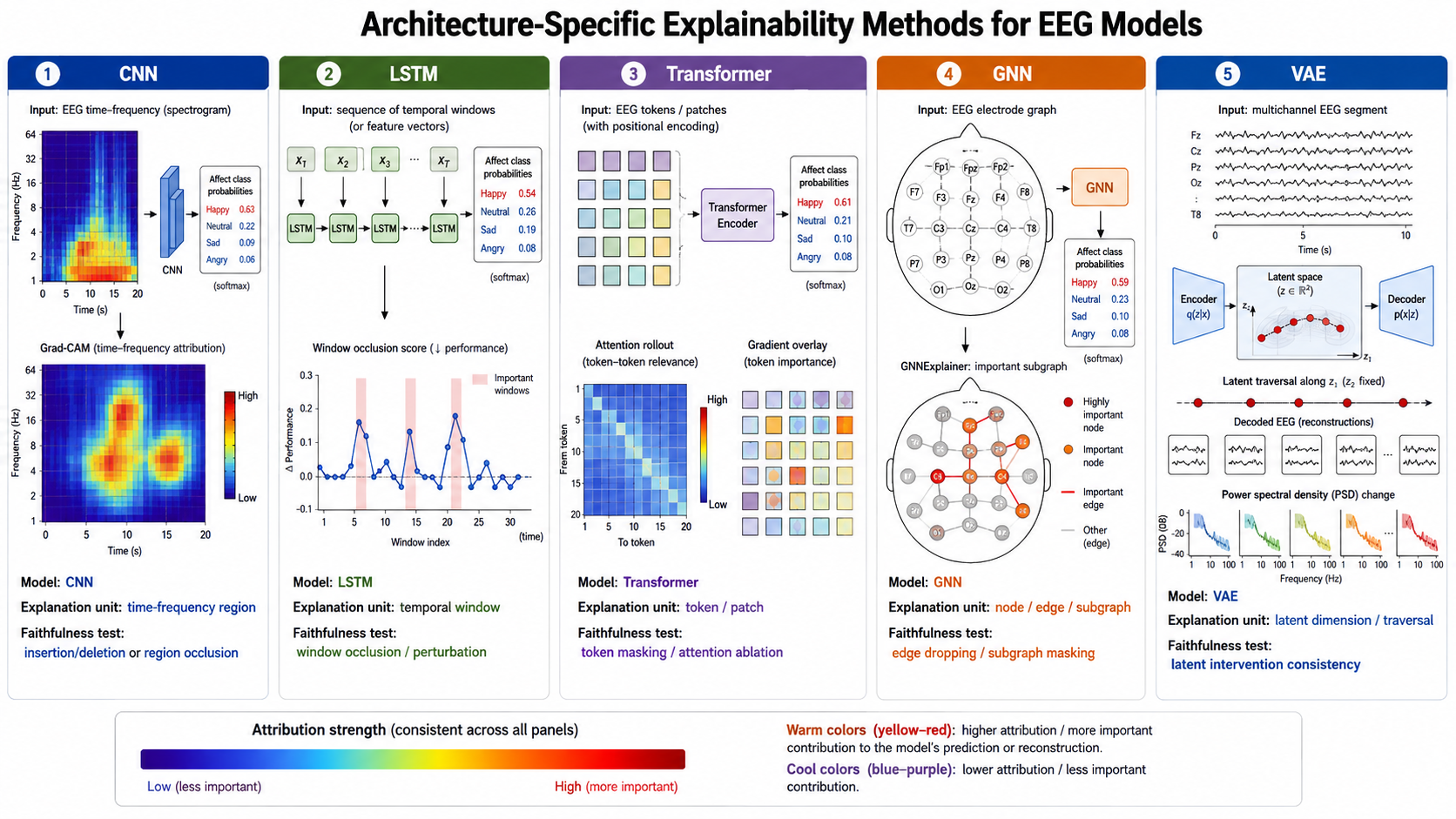Architecture-specific explanation units for EEG models, showing CNN feature maps, recurrent temporal windows, Transformer token interactions, GNN nodes and edges, and generative-model latent directions.