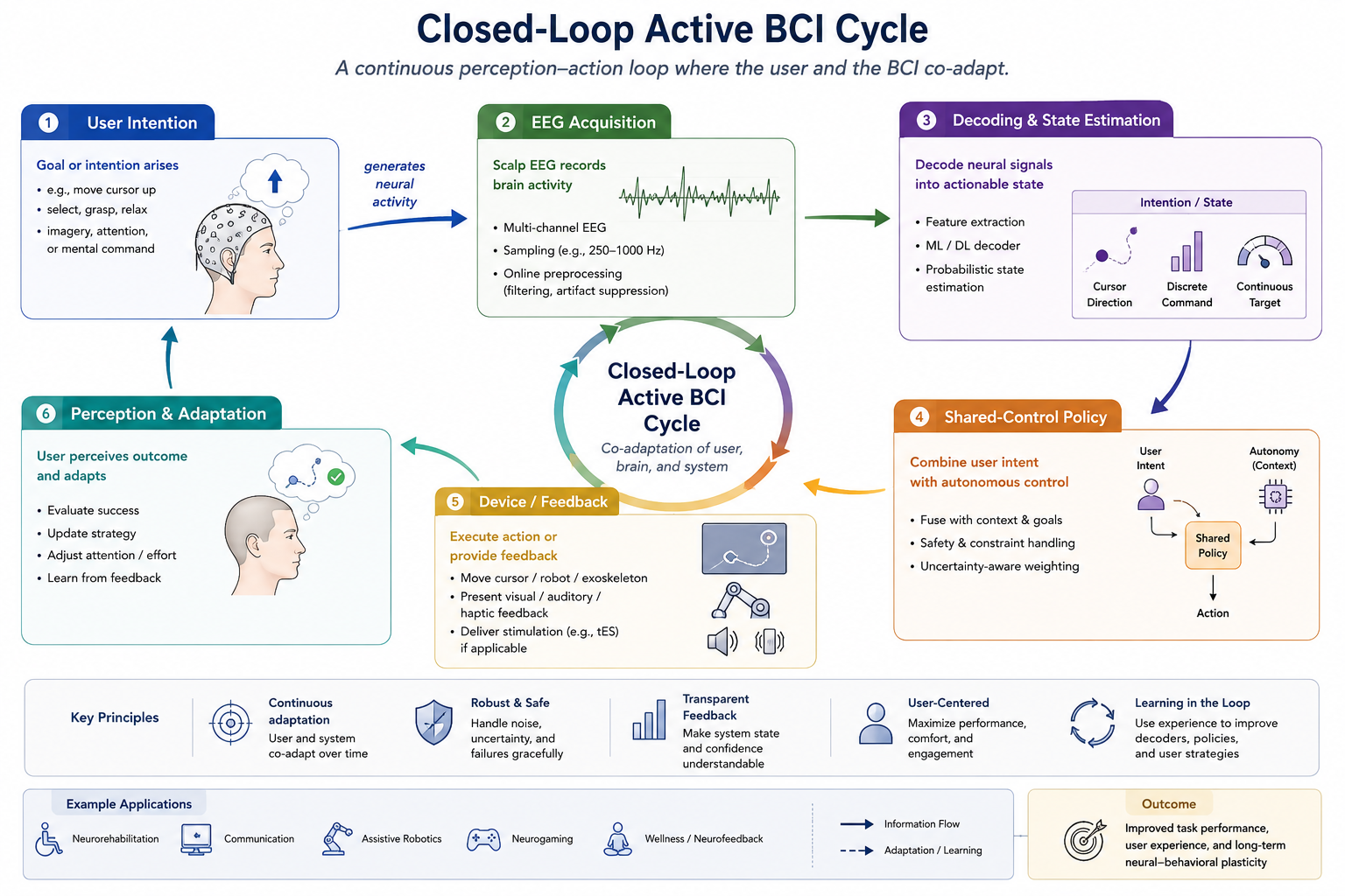 Closed-loop active BCI cycle: user intention generates neural activity, EEG is acquired and decoded, a shared-control policy drives a device or feedback, the user perceives the result and adapts, and the cycle repeats.