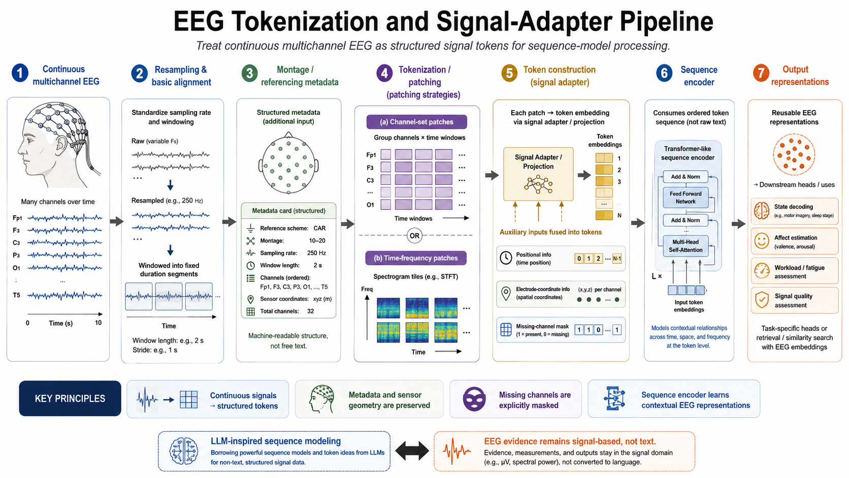 EEG tokenization and signal-adapter pipeline. The diagram should show continuous multichannel EEG passing through resampling, referencing metadata, channel-set or time-frequency patching, positional and electrode-coordinate information, missing-channel masks, and a sequence encoder.
